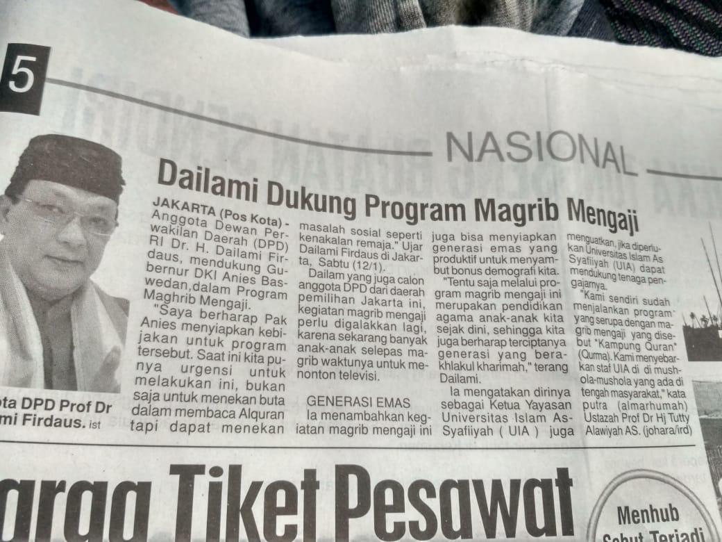 Prof DR H Dailami Firdaus : APRESIASI DAN MENDUKUNG PROGRAM MAGHRIB MENGAJI